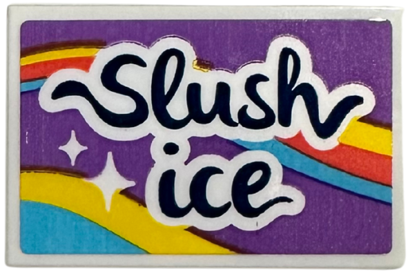 Lego Tile 2 x 3 with Yellow, Coral, and Medium Azure Melted Slushy Stripes and Black 'Slush ice' on Medium Lavender Background Pattern Model Right Side (Sticker) - Set 42674 / White