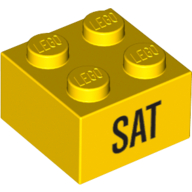 Lego Brick 2 x 2 with Black 'SAT' Print / Yellow