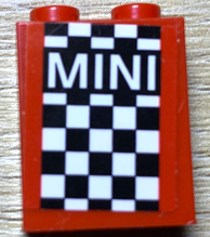 Lego Brick 1 x 2 x 2 with Inside Stud Holder with 'MINI' on Black and White Checkered Background Pattern (Sticker) - Set 75894