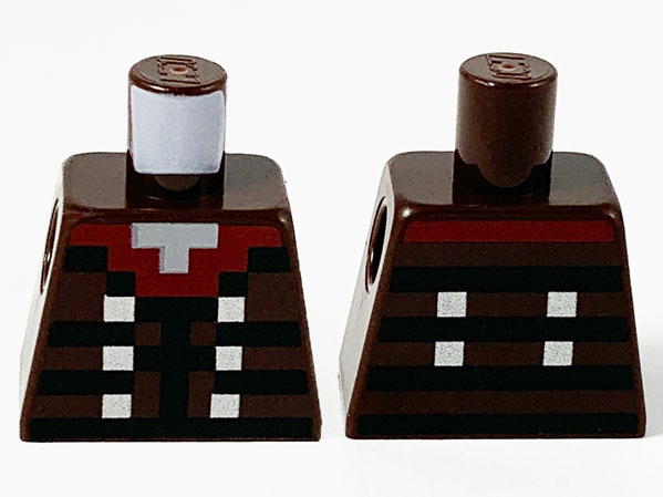 Lego Torso Pixelated Dark Red Collar, Black Stripes and Silver Buttons Pattern / Dark Brown