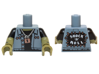 Lego Torso Vest over Black Undershirt, Padlock, 'SHOCK 'n' ROLL' Back Pattern / Olive Green Arms with Black Short Sleeves and Stitches / Olive Green Hands