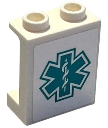 Lego Panel 1 x 2 x 2 with Side Supports - Hollow Studs with Dark Turquoise EMT Star of Life Pattern (Sticker) - Set 60405 / White