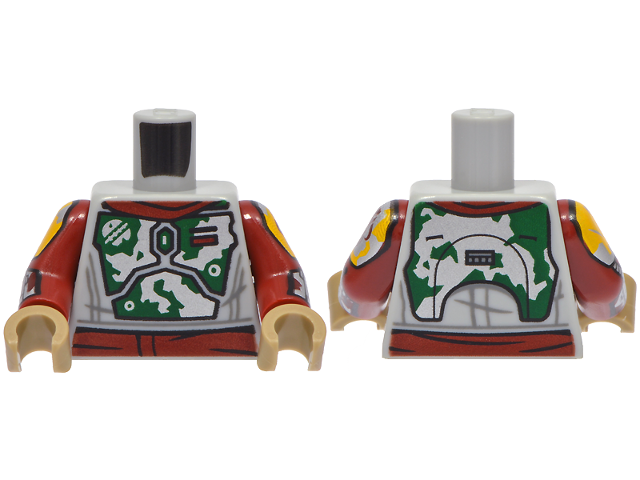 Lego Torso SW Mandalorian Dark Green Armor with Silver Emblem and Battle Damage, Dark Red Rectangle Pattern / Dark Red Arms with Armor Pattern / Dark Tan Hands