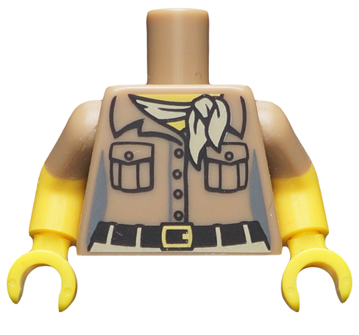 Lego Torso Female Safari Shirt with Buttons and Pockets, Black Belt with Gold Buckle, Tan Neckerchief Scarf, Yellow Neck Pattern / Yellow Arms with Molded Dark Tan Short Sleeves Pattern / Yellow Hands