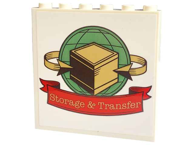 Lego Panel 1 x 6 x 5 with 'Storage & Transfer' on Red Banner, Tan Box and Arrows on Sand Green Globe Pattern (Sticker) - Set 40586