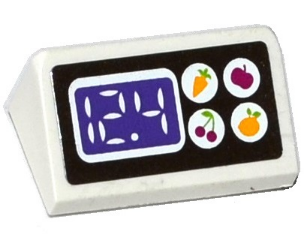 Lego Slope 30 1 x 2 x 2/3 with Apple, Carrot, Cherry and Lemon in White Circles and '12.4' Digital Display Pattern (Sticker) - Set 41118 / White