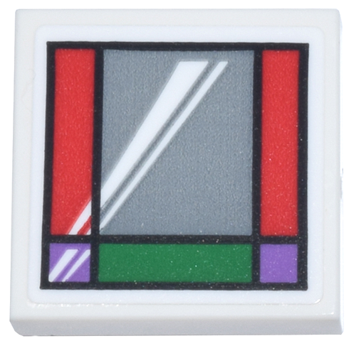 Lego Tile 2 x 2 with Black, Green, Medium Lavender, and Red Window Frame with Silver Window and White Reflection Pattern (Sticker) - Set 76437 / White