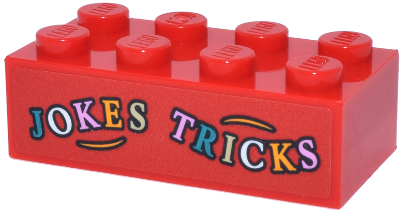 Lego Brick 2 x 4 with 'JOKES TRICKS' Pattern (Sticker) - Set 76457 / Red