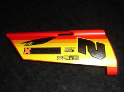 Lego Technic, Panel Fairing #21 Large Long, Small Hole, Side B with Chrome '2' and Racing Logos on Orange and Yellow Pattern (Sticker) - Set 8146
