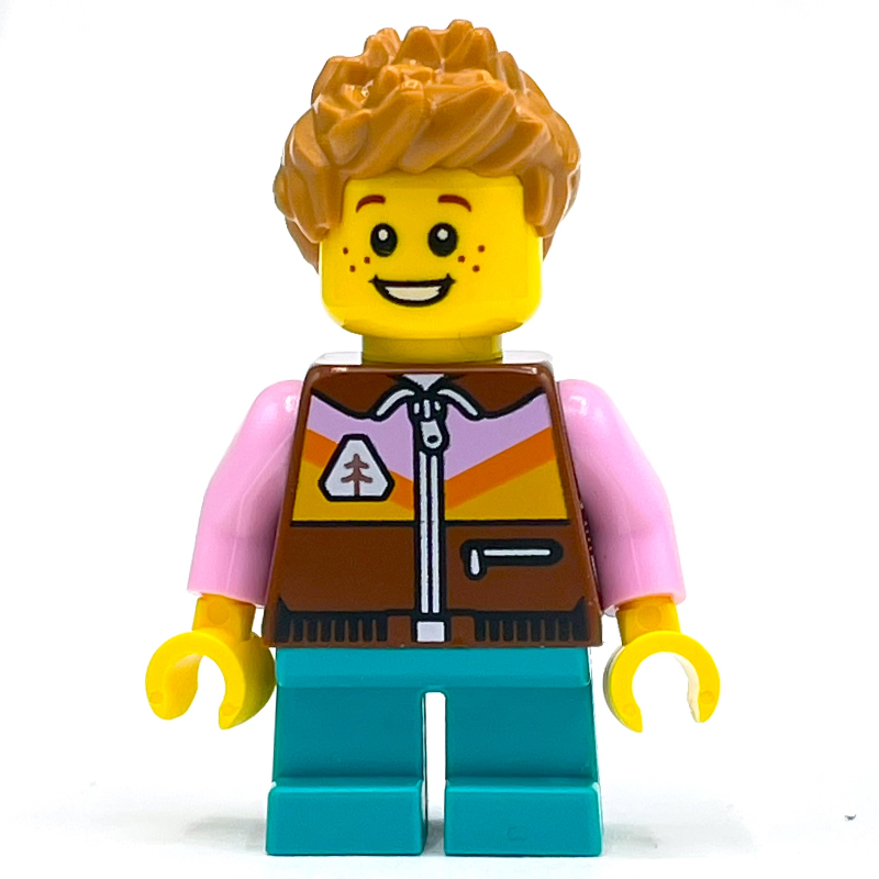 Lego Boy, Reddish Brown Jacket, Dark Turquoise Legs