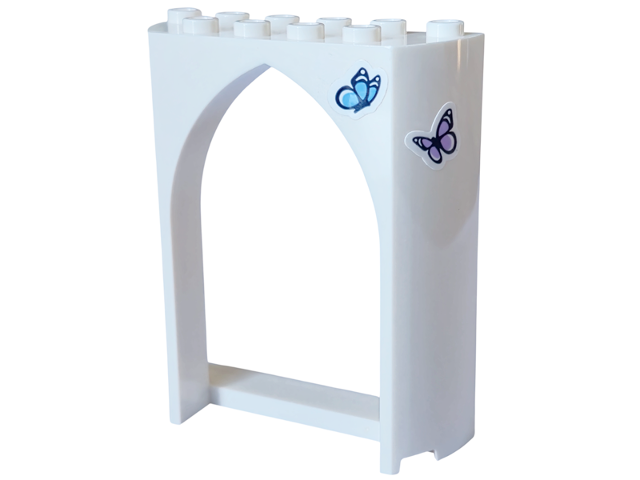 Lego Panel 2 x 6 x 6 with Pointed Arch with Bright Light Blue and Lavender Butterflies Pattern (Stickers) - Set 41154 / White