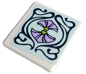 Lego Road Sign 2 x 2 Square with Open O Clip with Lavender and Lime Flower Petals and Dark Blue Scrollwork on Light Aqua Background Pattern (Sticker) - Set 41365 / White