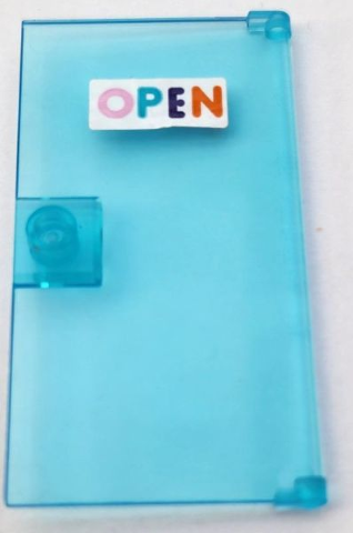 Lego Door 1 x 4 x 6 with Stud Handle with Bright Pink, Medium Azure, Dark Purple and Orange 'OPEN' Sign Pattern (Sticker) - Set 60363 / Trans-Light Blue