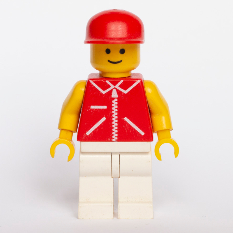 Lego Man, Red Jacket with Zipper and Pockets, White Legs, Red Cap
