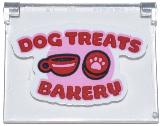 Lego Glass for Window 1 x 4 x 3 - Opening with Red Coffee Cup, Animal Paw Print Cookie and 'DOG TREATS BAKERY' on Bright Pink and White Background Pattern (Sticker) - Set 42677