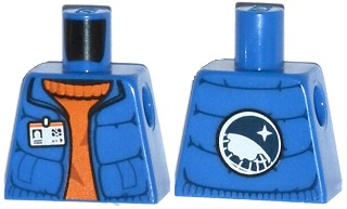Lego Torso Down Vest with ID Badge over Orange Sweater, Arctic Explorer Logo on Reverse Pattern / Blue