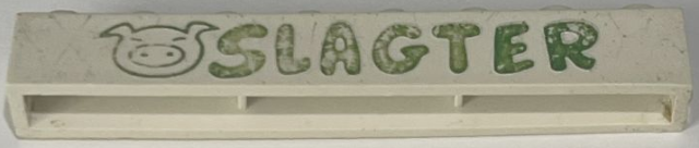 Lego Brick 1 x 8 without Bottom Tubes with Cross Side Supports with Green 'SLAGTER' Rounded and Pig Head Pattern