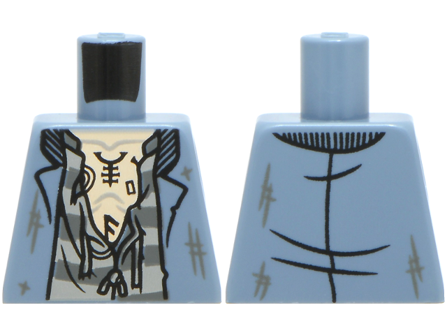 Lego Torso Jacket Open with Scuff Marks, Tattered Light Bluish Gray and Dark Bluish Gray Striped Shirt, Light Nougat Chest with Tattoos Pattern / Sand Blue