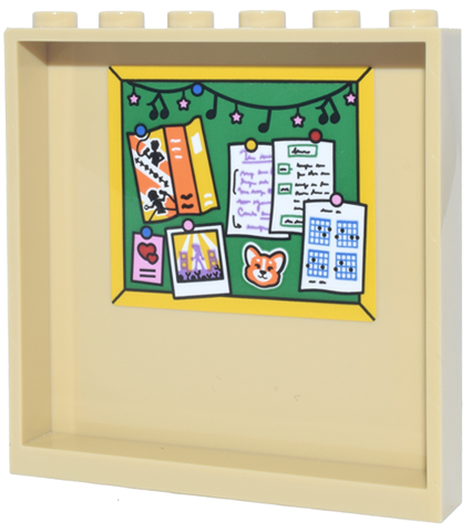 Lego Panel 1 x 6 x 5 with Green Bulletin Board, White Papers, Orange and Yellow Flyer, Cat and Music Notes Pattern (Sticker) - Set 42653