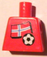 Lego Torso Soccer Red/White Team, Norwegian Flag Sticker Front, Black Number Sticker Back Pattern (specify number in listing) / Red