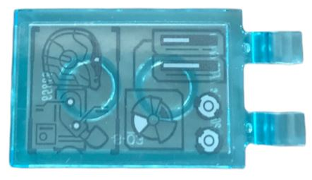 Lego Tile, Modified 2 x 3 with 2 Open O Clips with Display Screen with Iron Man Torso, Helmet and Bar Graphs Pattern (Sticker) - Set 76216 / Trans-Light Blue