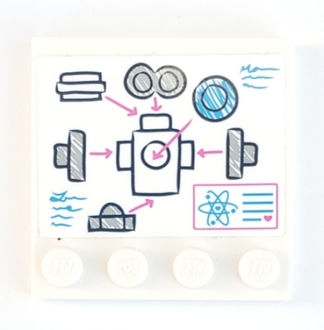 Lego Tile, Modified 4 x 4 with Studs on Edge with Robot Construction Diagram and Dark Pink Arrows Pattern (Sticker) - Set 41307 / White