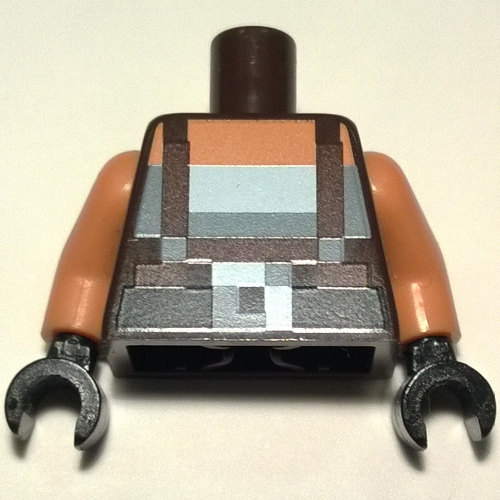 Lego Torso Pixelated Dark Brown Suspenders over White Top and Black Belt with Buckle Print, Nougat Arms, Black Hands / Dark Brown