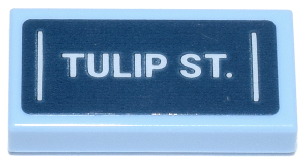 Lego Tile 1 x 2 with Dark Blue Street Sign with White 'TULIP ST.' and Vertical Lines Pattern (Sticker) - Set 42671