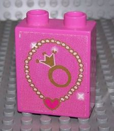 Lego Duplo, Brick 1 x 2 x 2 with Necklace and Ring Pattern (Sticker) - Set 4820 / Dark Pink