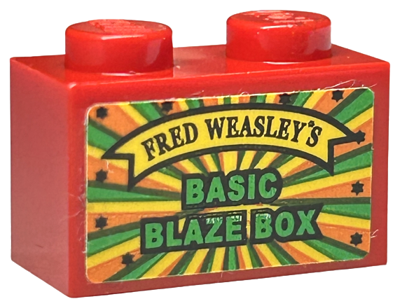 Lego Brick 1 x 2 with Black 'FRED WEASLEY'S' on Yellow Banner, Green 'BASIC BLAZE BOX' Pattern (Sticker) - Set 75978