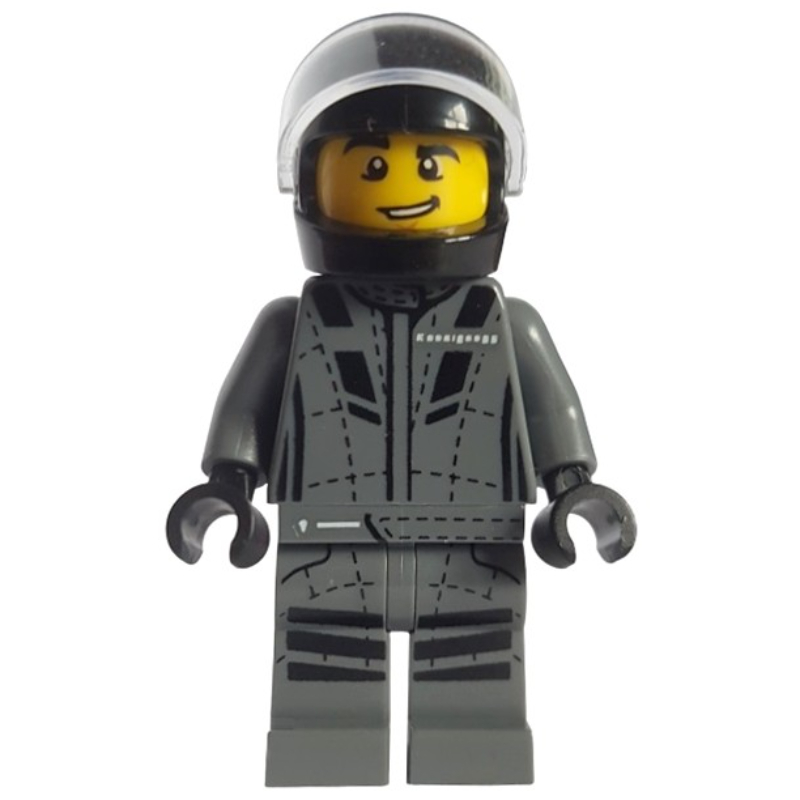 Lego Race Driver - Dark Bluish Grey Torso/Legs, Black Helmet
