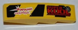 Lego Slope, Curved 4 x 1 with 'GO/FOX' and 'SUPER KOOL AIRCONDITION' Pattern Model Left Side (Sticker) - Set 8228 / Yellow