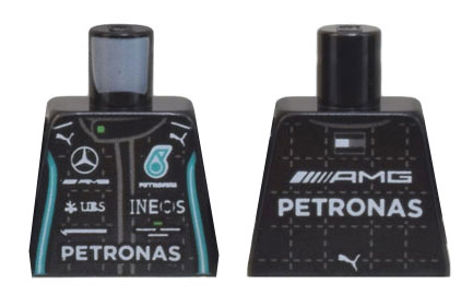 Lego Torso Racing Suit with Mercedes-Benz Logo, 'AMG' Logo, 'PETRONAS' Pattern / Black
