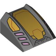 Lego Brick Curved 2 x 2 with Lip, No Studs with Gold Armor Plating, Pink Vents Print / Dark Bluish Gray