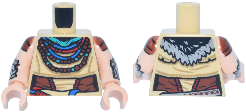 Lego Torso Female Robe, Dark Turquoise Scarf, Red, Blue and Reddish Brown Necklaces, High Skirt Flap Pattern / Light Nougat Arms with Sleeves, Silver Armor Plates, Long Fur Trim Pattern / Light Nougat Hands