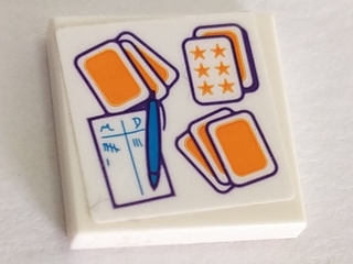 Lego Tile 2 x 2 with Playing Cards, Pen and Scorecard Pattern (Sticker) - Set 41335 / White