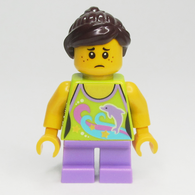 Lego Kid - Lime Torso, Medium Lavender Legs, Dark Brown Hair