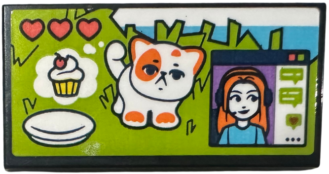 Lego Tile 2 x 4 with Video Game Screen, Cat, Cupcake, Hearts and Female Gamer with Headset in Window Pattern (Sticker) - Set 42674