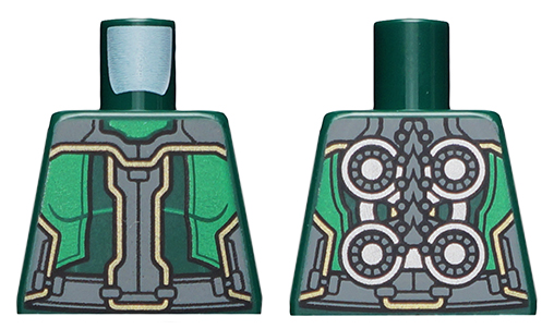 Lego Torso Armor with Dark Bluish Gray and Green Panels, Gold Accents, Silver Circles on Back Pattern / Dark Green
