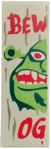 Lego Tile 2 x 6 with Dark Tan Wood Grain, Red 'BEWARE', 'OGRE', Dark Green and Lime Shrek Face Right Half / 'BEW' and 'OG' Pattern / Tan