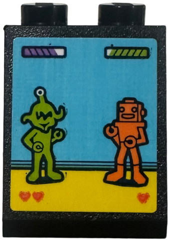 Lego Slope 65 2 x 2 x 2 with Bottom Tube with Arcade Video Game Screen with Lime Alien 'vs' Orange Robot on Medium Azure and Yellow Background Pattern (Sticker) - Set 42674