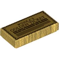 Lego Tile 1 x 2 with 'WONKA's GOLDEN TICKET' Print / Pearl Gold