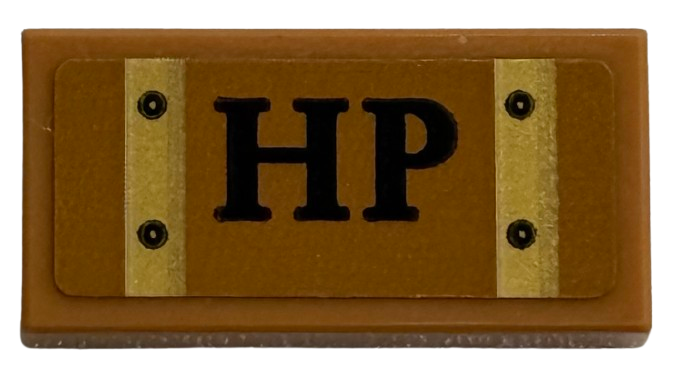 Lego Tile 1 x 2 with Black 'HP' and Rivets on Gold Stripes / Straps Pattern (Sticker) - Set 76450