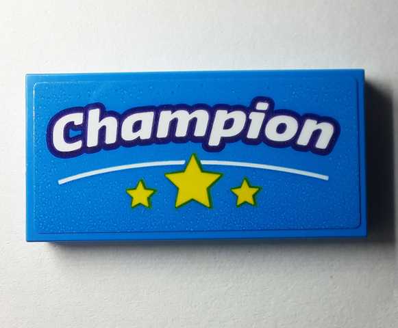 Lego Tile 2 x 4 with White 'Champion' with Dark Purple Outline, Curved Line, Yellow Stars Pattern (Sticker) - Set 40385