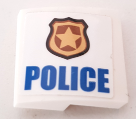 Lego Slope, Curved 2 x 2 x 2/3 with Gold Badge and Blue 'POLICE' Pattern Model Right Side (Sticker) - Set 60140 / White