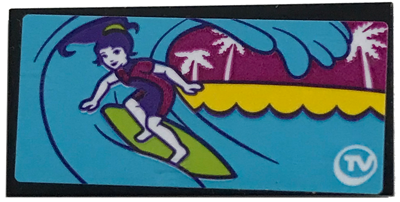 Lego Tile 2 x 4 with Girl Surfing and 'TV' Pattern (Sticker) - Set 41317 / Black