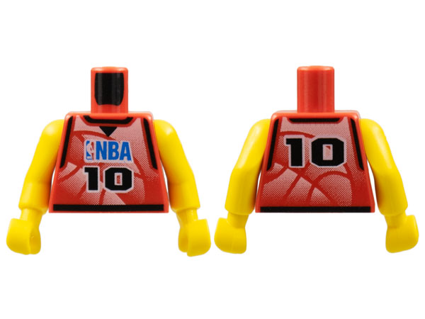 Lego Torso Basketball Jersey Tank Top with Black Trim, NBA Logo, and Black Number 10 Pattern / Yellow NBA Arms