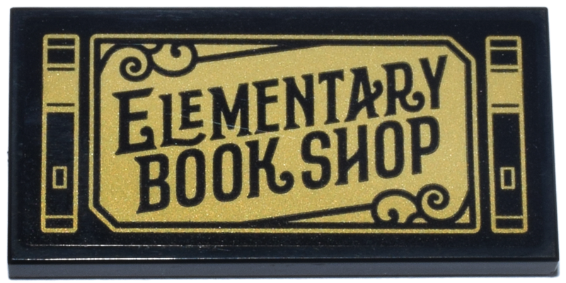 Lego Tile 2 x 4 with Gold Sign 'ELEMENTARY BOOK SHOP' and Filigree Pattern (Sticker) - Set 10351 / Black
