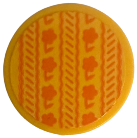 Lego Tile, Round 2 x 2 with Bottom Stud Holder with Cushion with Orange Flowers and Scalloped Lines Pattern (Sticker) - Set 76781 / Bright Light Orange