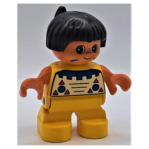 Lego Duplo Figure, Early Child, Hair with Feather Black, Yellow Legs, Native American Decorations Print / Yellow